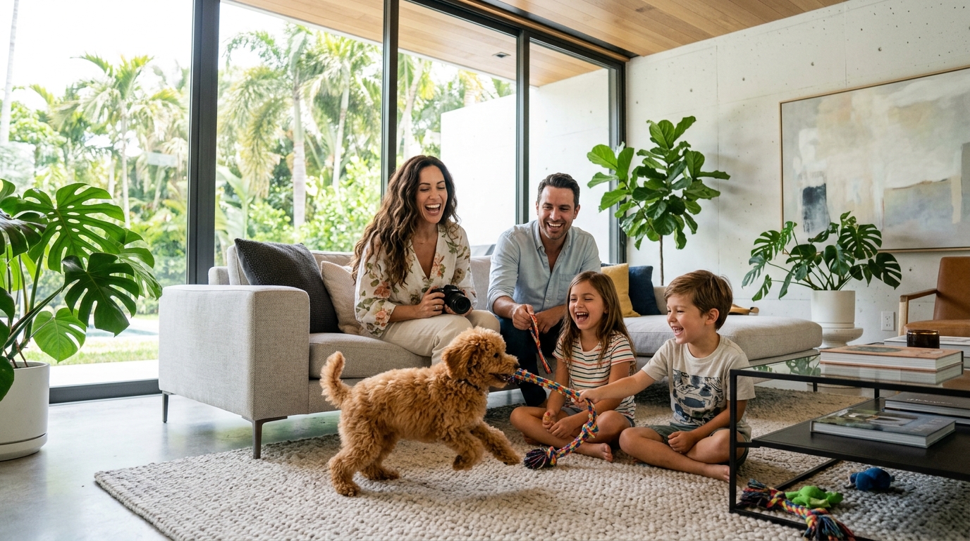 Apricot toy poodle puppy playing with a family in South Florida